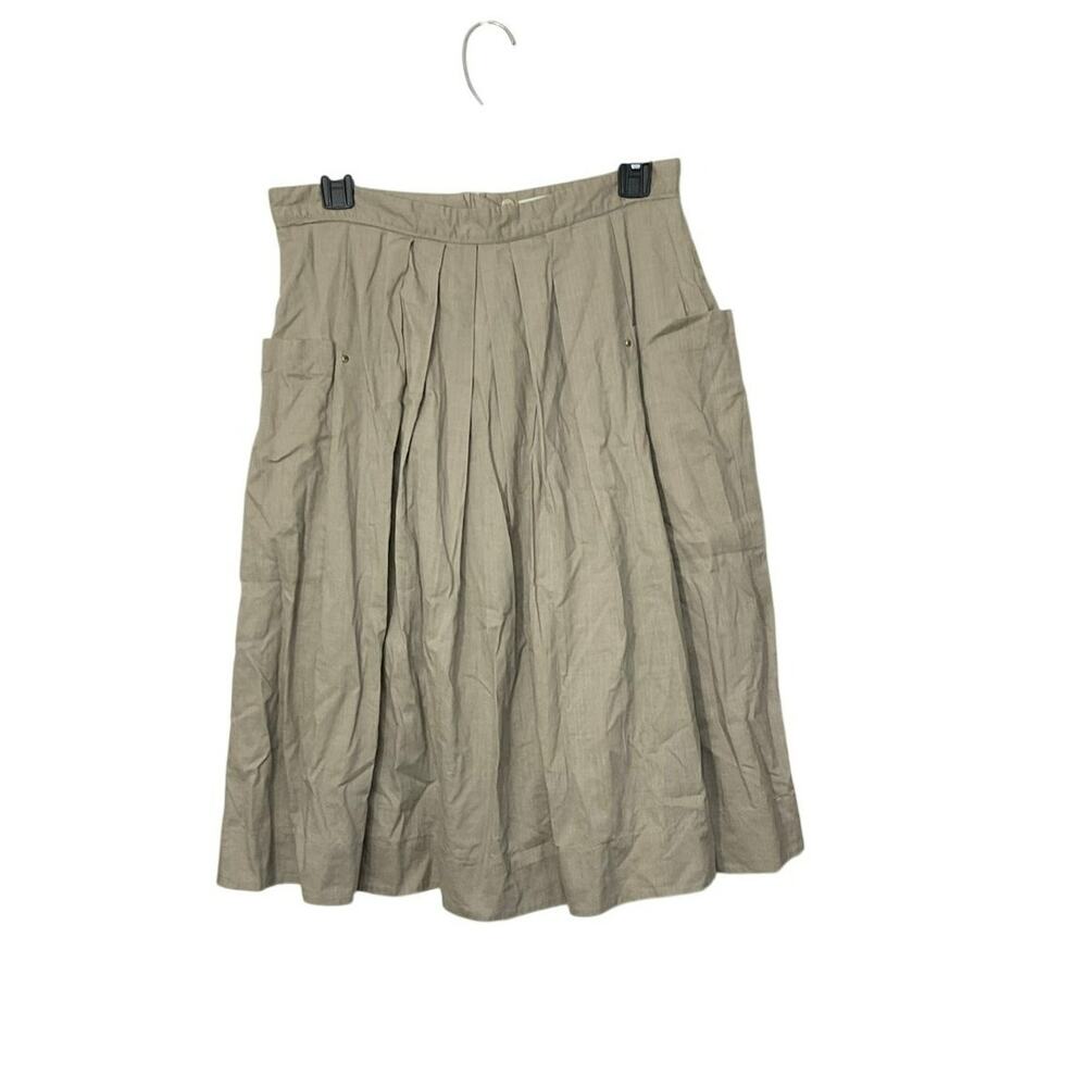 Anthropologie Odille Brown Cotton Pleated A-Line Midi Skirt Size Small Pockets